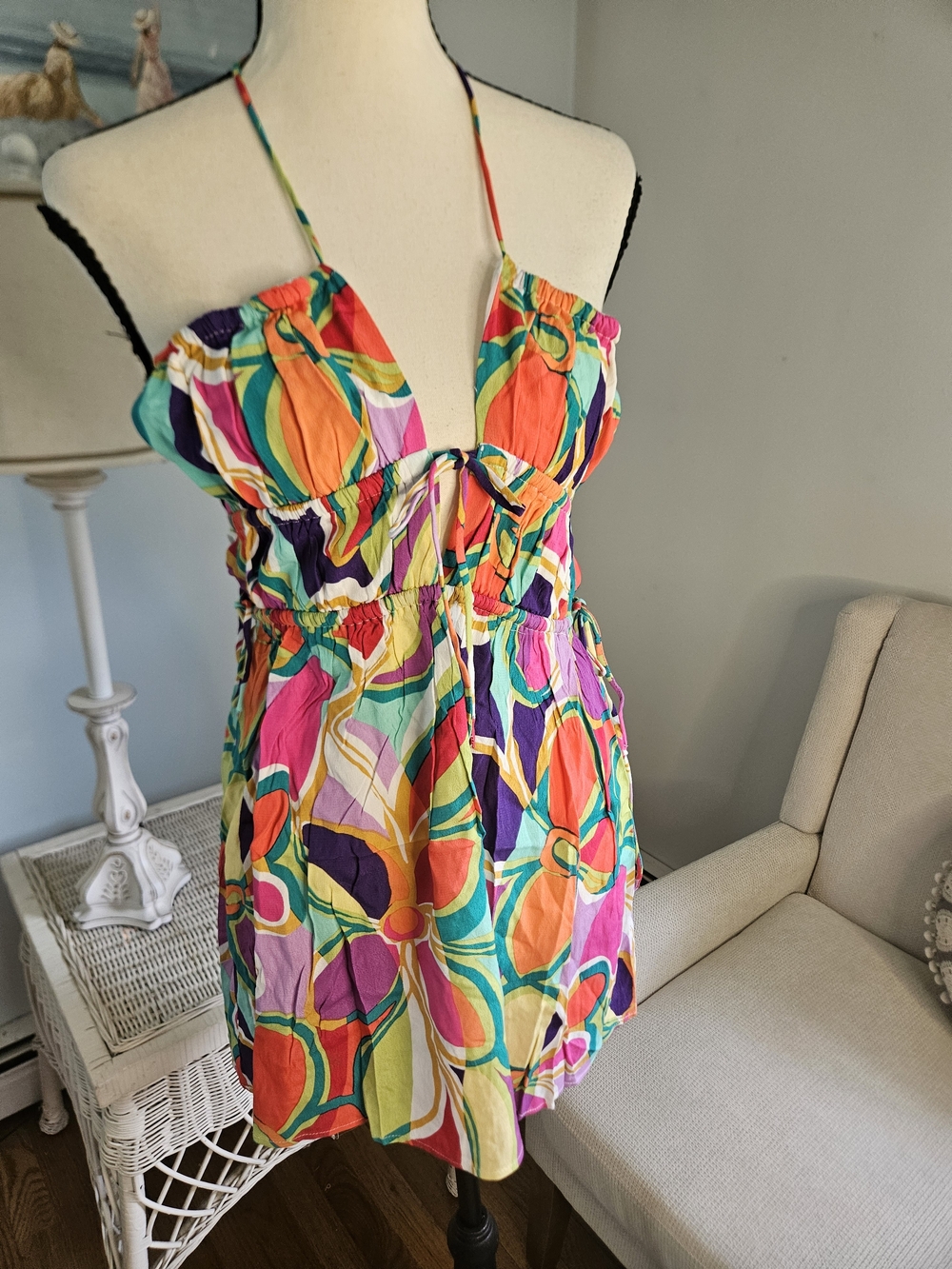 Vibrant Multicolor Floral Mini Dress with Halter Straps